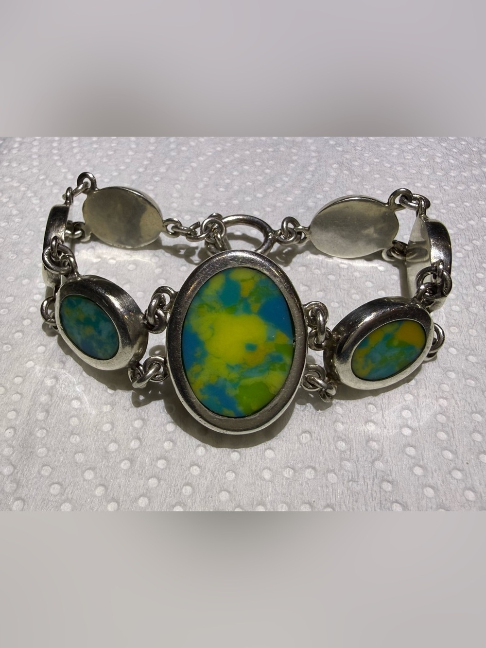Vintage Mexico 925 Silver Multi-Color Stone Link Bracelet 41.3g 7.75”
